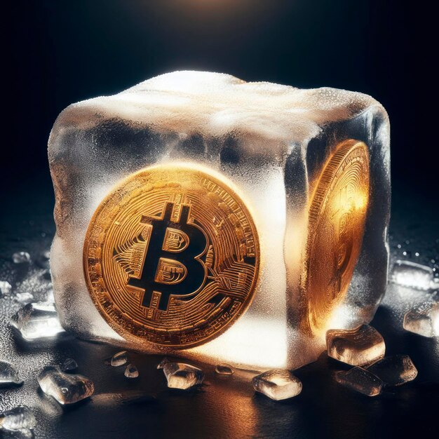 Golden Bitcoin frozen inside ice block on dark black background ai generative