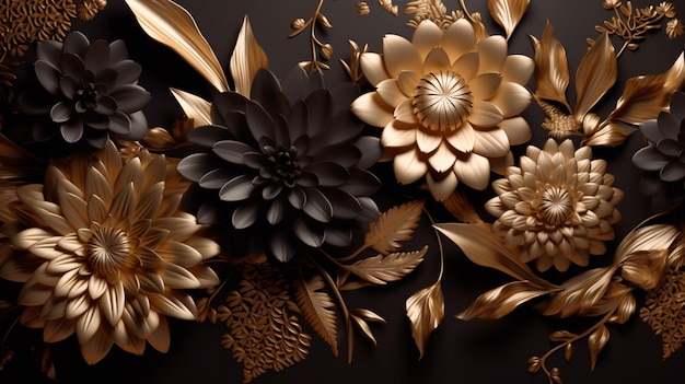 Golden and black flowers and leaves 3d Generative AI