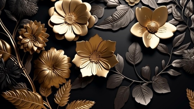 Golden and black flowers and leaves 3d Generative AI