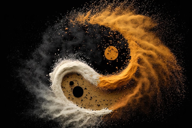 Golden and black yin yang symbol with floating powder on black background abstraction Buddhism Hinduism symbol religion balance concept Generative AI