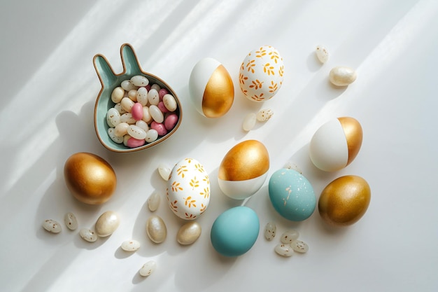 Golden and blue Easter eggs on on white background Holiday concept Happy Easter card