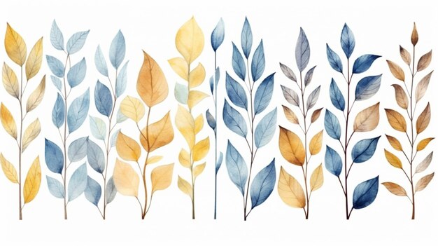 golden and blue leaves on white background watercolor