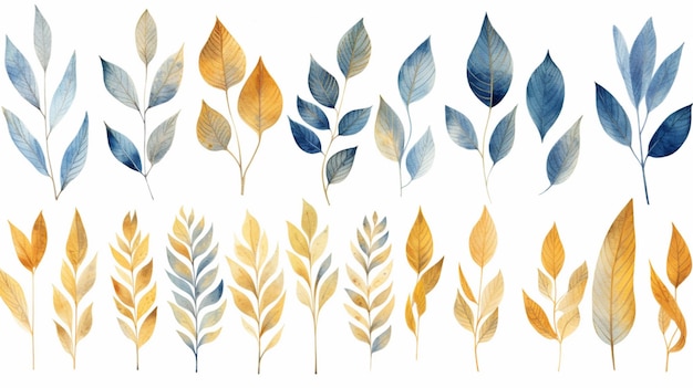 golden and blue leaves on white background watercolor