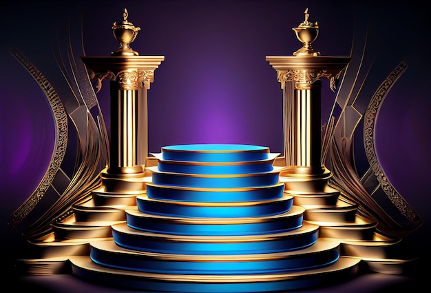 Golden Blue Purple Award Background Jubilee Night Decorative Invitation Trophy on Stage platform