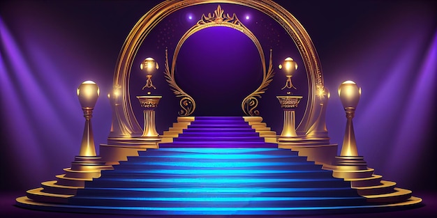 Golden Blue Purple Award Background Jubilee Night Decorative Invitation Trophy on Stage platform