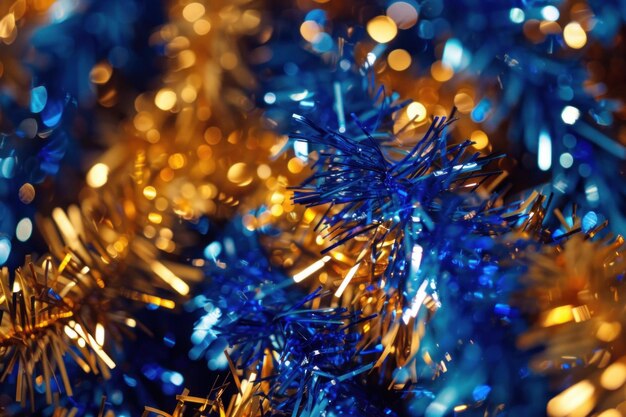 Photo golden and blue tinsel creating festive christmas background