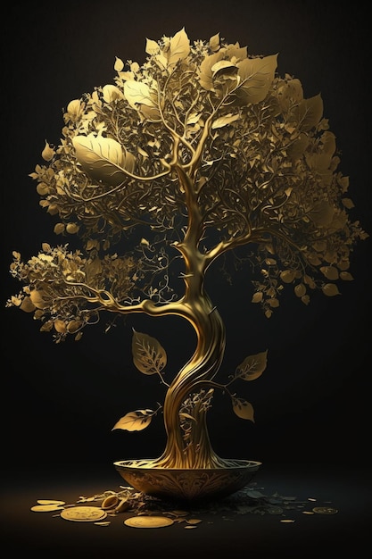 Golden bonsai tree on a black background generative ai