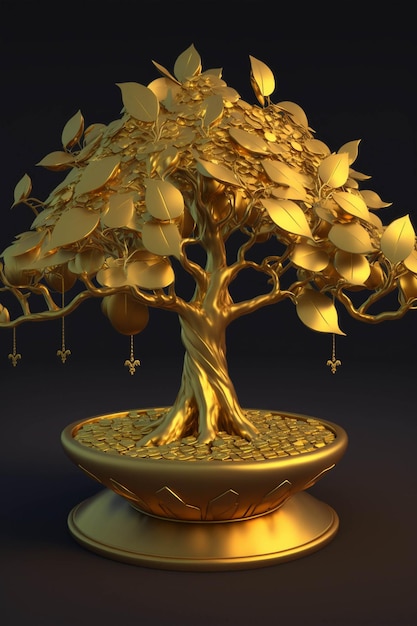 Golden bonsai tree sitting on top of a gold plate generative ai