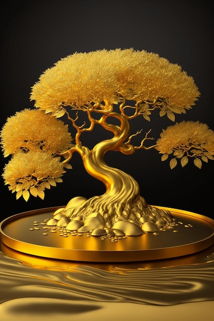 Golden bonsai tree sitting on top of a gold plate generative ai