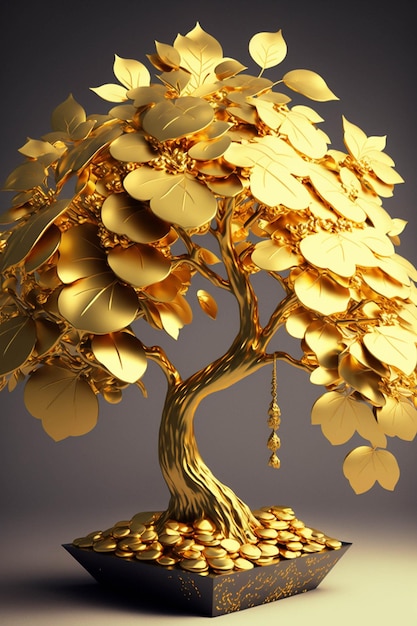 Golden bonsai tree sitting on top of a pile of gold coins generative ai