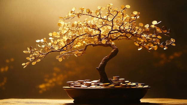 Photo golden bonsai tree with coin leaves a glowing symbol of prosperity