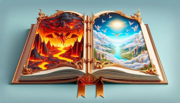 A golden book with ornate pages displays the contrasting landscapes of heaven and hell