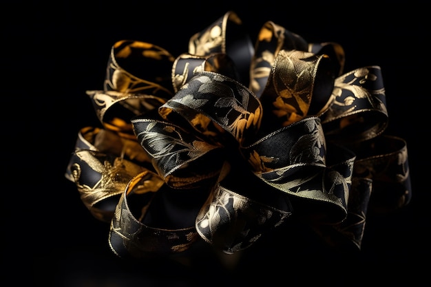 Golden bow isolated on black background Neural network AI generated