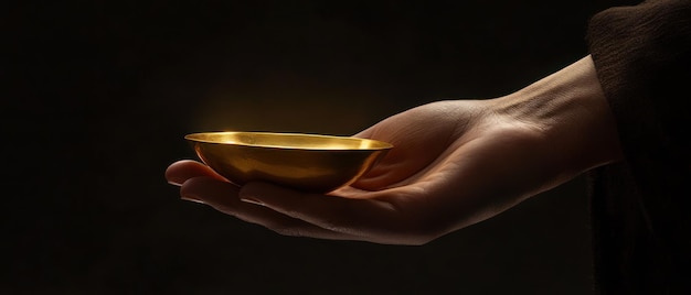 Photo a golden bowl held by a hand in darkness