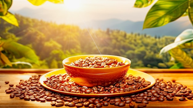 Golden bowl with natural arabica coffee beans on sunset tropical coffee plantation background