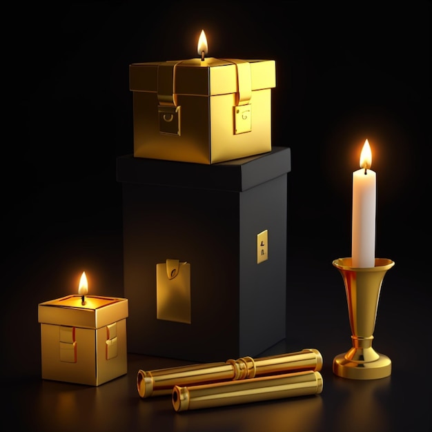 Golden boxes and candles on a black background