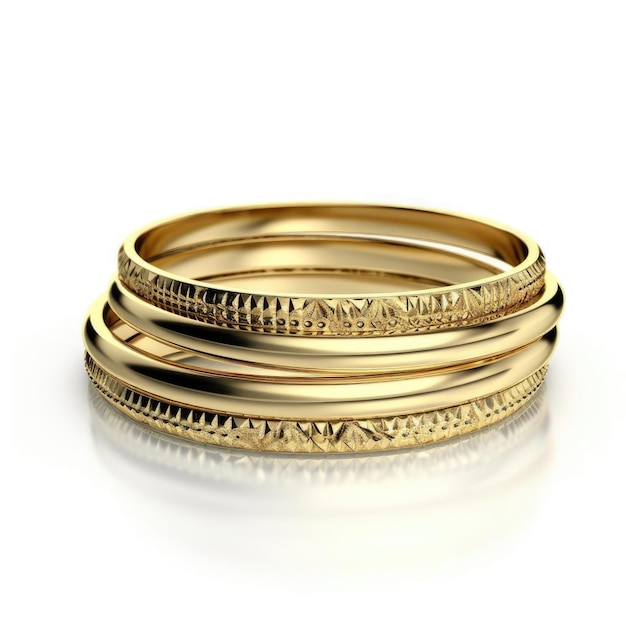 Golden bracelets on white background