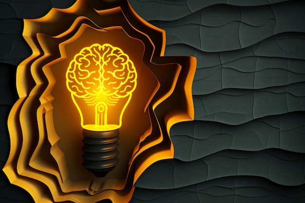 Golden brain lightbulb in a layered paper cut out background symbolizing intellectual creativity an