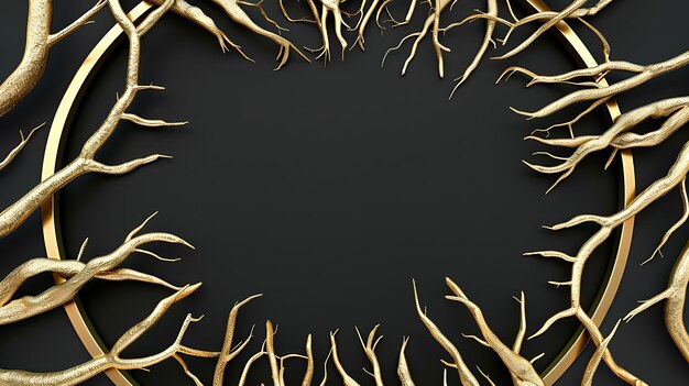 Photo golden branches and a circle frame on a black background