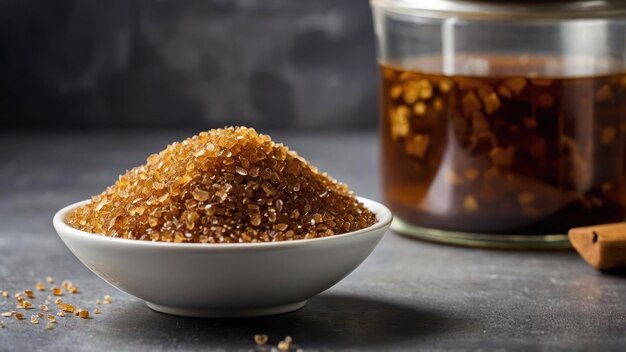 Photo golden brown demerara sugar granules piled high on a white plate with a soft focus