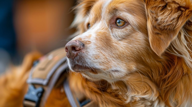 A golden brown dog wearing a black and gray harness is looking off to the side The dog has light brown eyes and a black nose The dogs fur is long and wavy