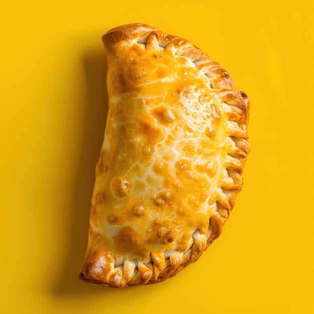 Photo golden brown empanada on a yellow background