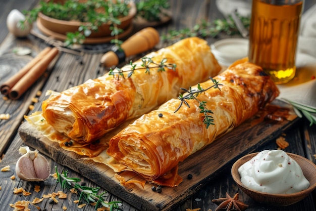 Golden Brown Filo Pastry Rolls with Fresh Herbs on Rustic Wooden Table with Honey and Ingredients