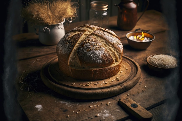 Golden brown homemade bread on dark wooden table