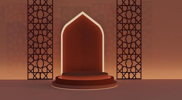 Golden brown islamic decoration background product display podium on arc design with light