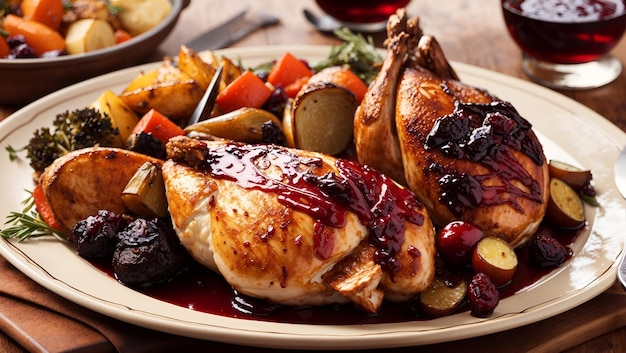 A golden brown roasted chicken balsamic cranberry sauce with a side of roasted vegetables