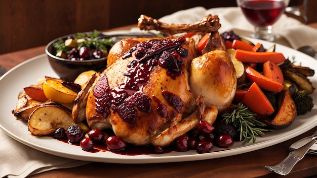 A golden brown roasted chicken balsamic cranberry sauce with a side of roasted vegetables