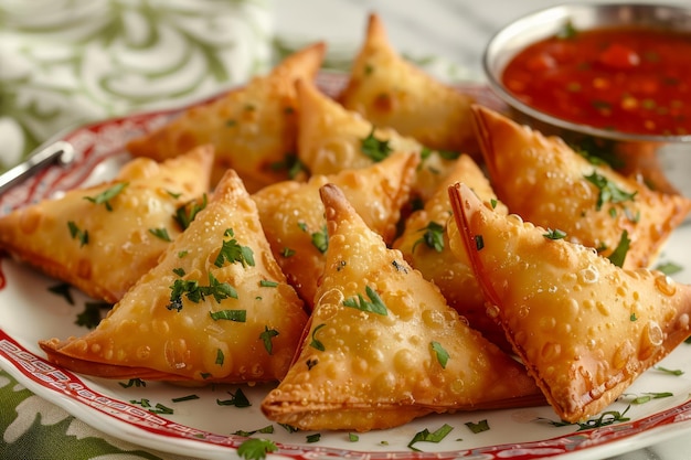 Golden Brown Samosas on a Plate with Spicy Red Dipping Sauce Garnished with Fresh Parsley