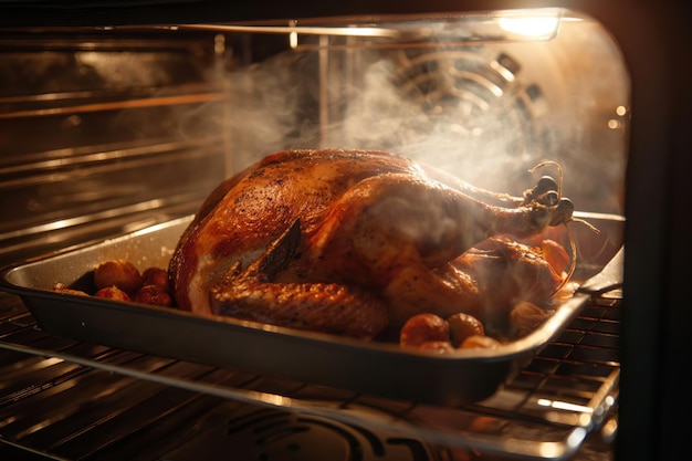 Photo golden brown turkey is roasting in the oven with potatoes creating a mouthwatering aroma that fills the kitchen