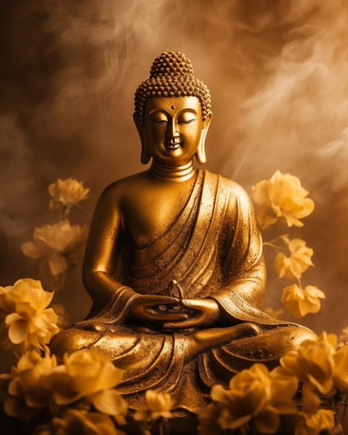 A golden buddha sits in front of flowers.