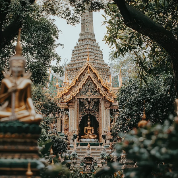 Photo golden buddha statue inside a thai temple with lush greenery