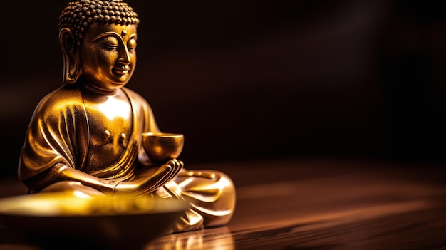 A golden buddha statue sits on a table.