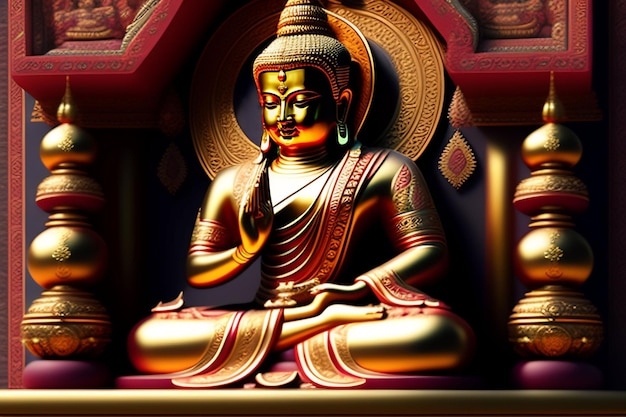 A golden buddha statue sits in a temple.