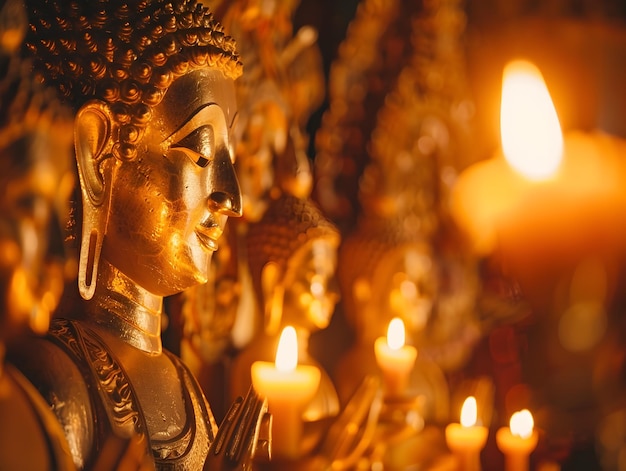 Golden Buddha Statue in Traditional Temple Radiating Serenity and Warmth