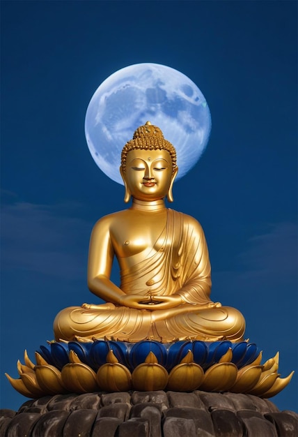 a golden buddha statue with a full moon behind it