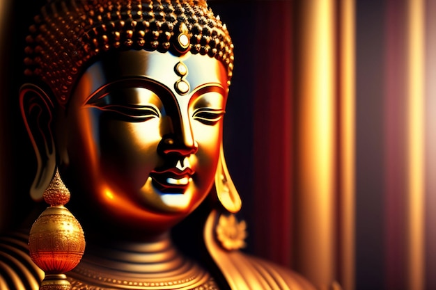 A golden buddha statue with gold face and gold background.