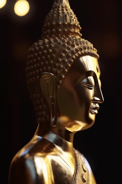 A golden buddha statue with the head facing the camera.