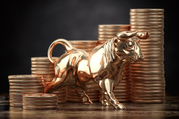 Golden bull and coins Financial investment in bull market and growth of stock market concept