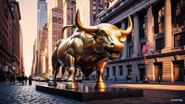 Photo a golden bull statue stands in the middle of a city street with tall buildings in the background