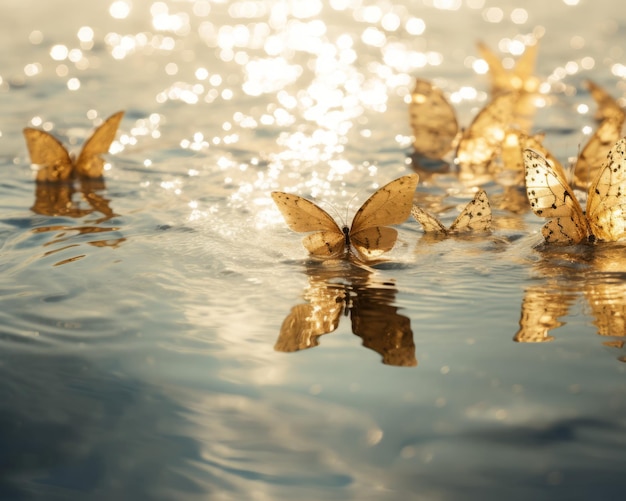 Golden butterflies on reflective sun lake water Generate ai