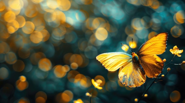 Golden butterfly in magical bokehfilled forest at dusk