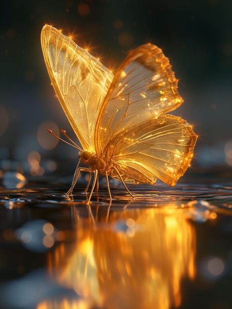 Golden Butterfly Reflecting on Water at Sunset