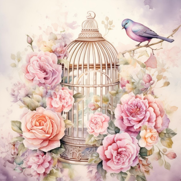 Golden cage with luxurious flowers and bird