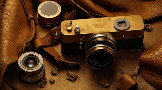 Photo golden camera and leather bag