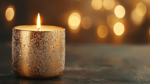 Golden Candle with Bokeh Lights on Wooden Table