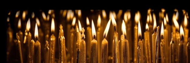 Golden candles burning in the black background Copy space